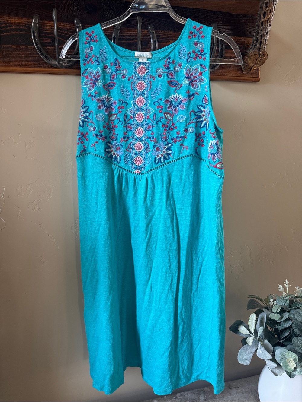 Sundance Turquoise Sleeveless Embroidered Mini Dress